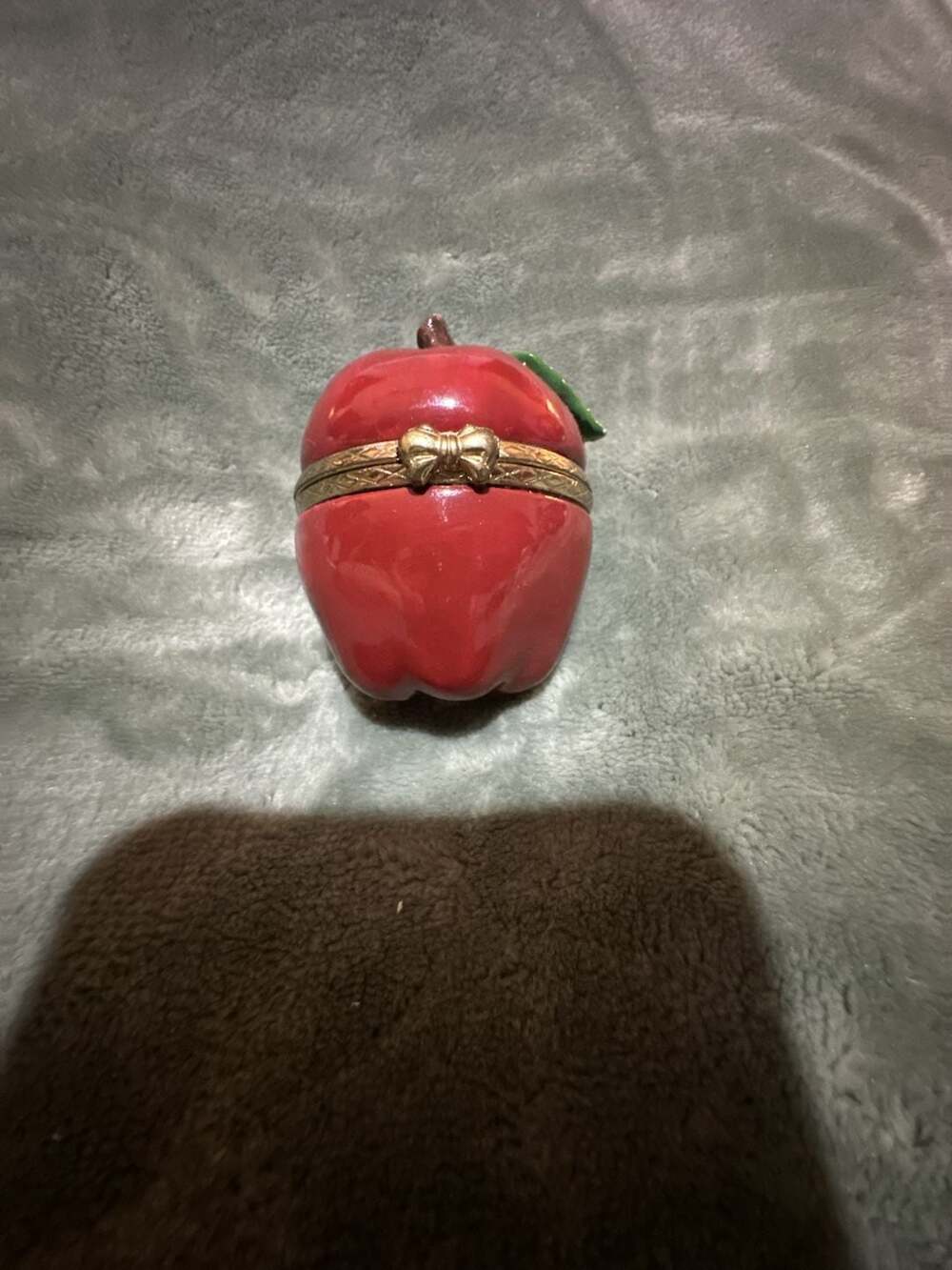 Red Apple Trinket Box with Gold Bow Accent and Green Leaf